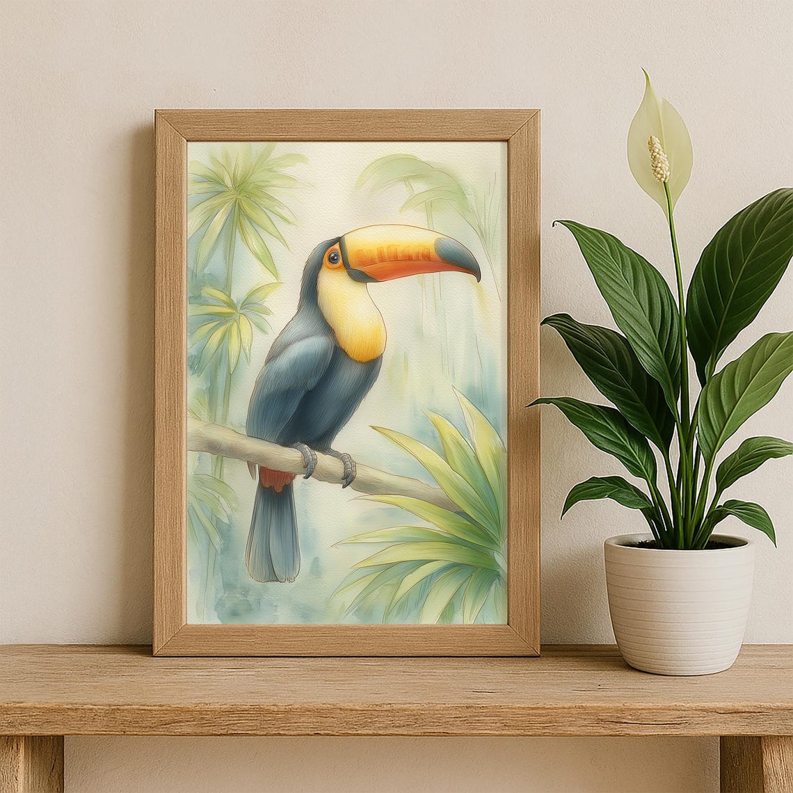 Tropical Toucan Watercolor Jungle Bird Perched Branch Poster - Image 3