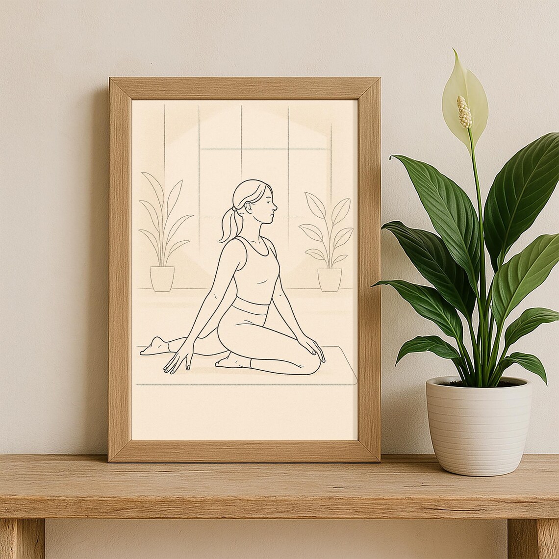 Minimalist Yoga Line Art Woman Pigeon Pose Beige Serene Poster - Image 3