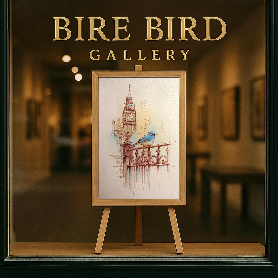 Bluebird on Balcony Big Ben London Ink Sketch Watercolor Wall Art - Image 5