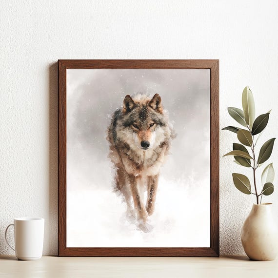 Lone Wolf In Snow Wall Art I Watercolor Winter Animal Poster Wild Nature Decor Minimalist Wildlife