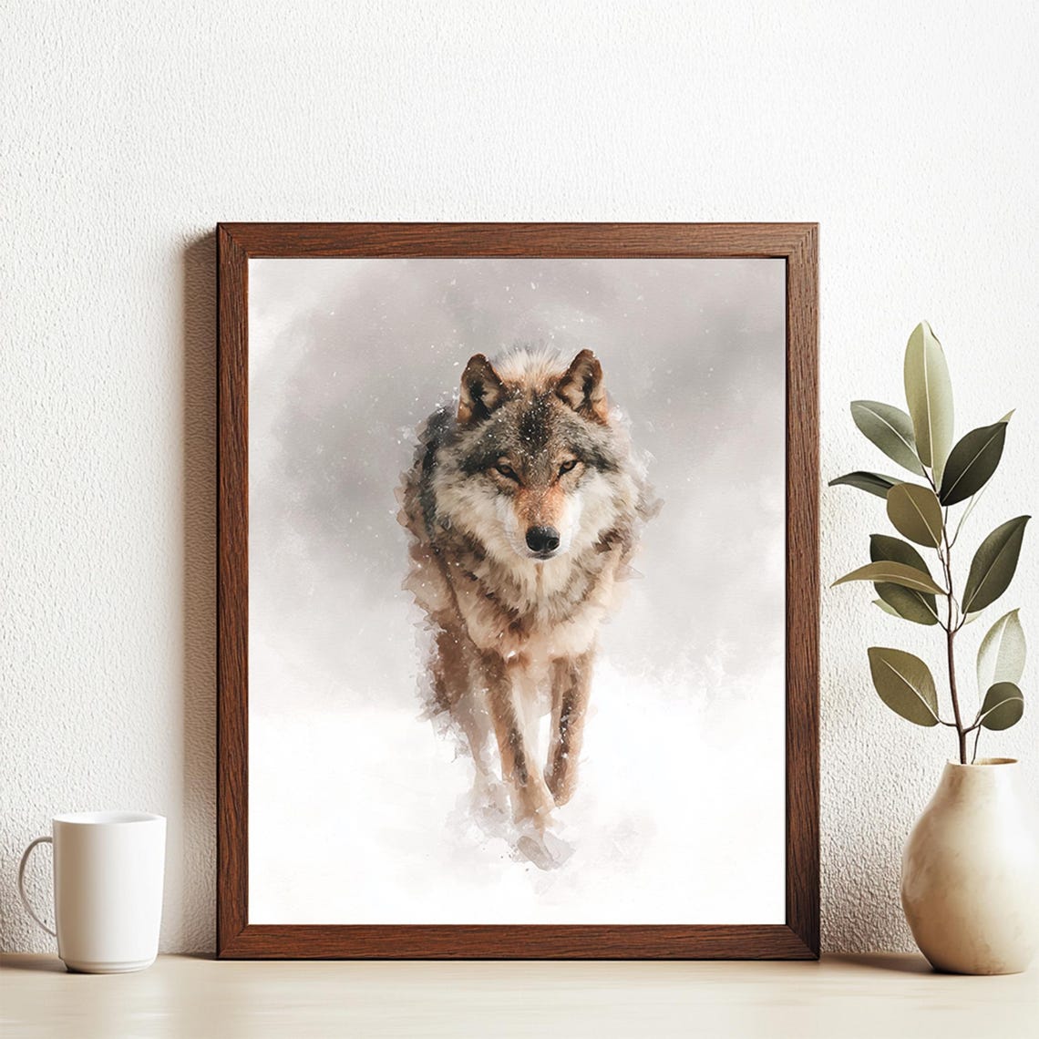 Lone Wolf Striding through Falling Snow Watercolor Wildlife Art Print