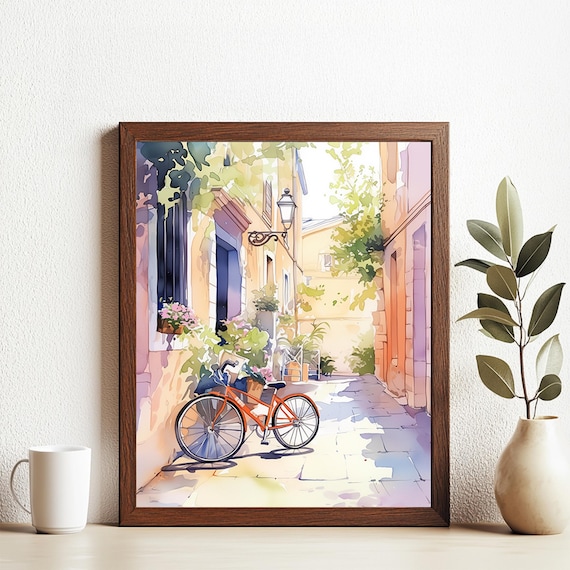 Red Bicycle Sunny Mediterranean Alley Flower Watercolor Poster
