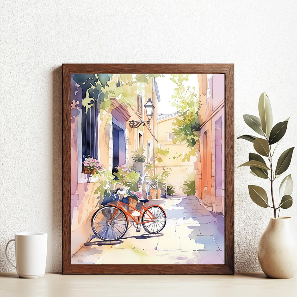 Red Bicycle Sunny Mediterranean Alley Flower Watercolor Poster
