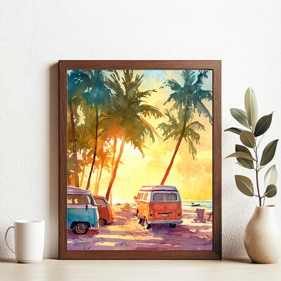 Traveling In A Camping Van On Tropical Beach Landscape Scenery Art Print Wall Deco Watercolor