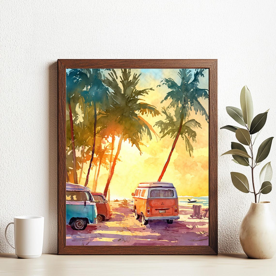 Traveling In A Camping Van On Tropical Beach Landscape Scenery Art Print Wall Deco Watercolor