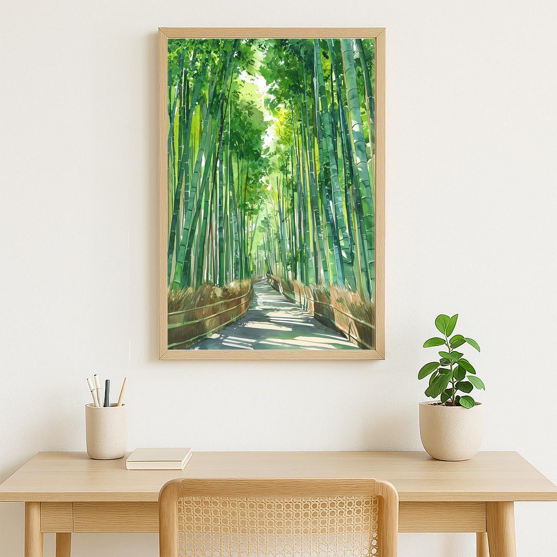 Serene Sunlit Bamboo Forest Path Watercolor Kyoto Japan Poster - Image 4