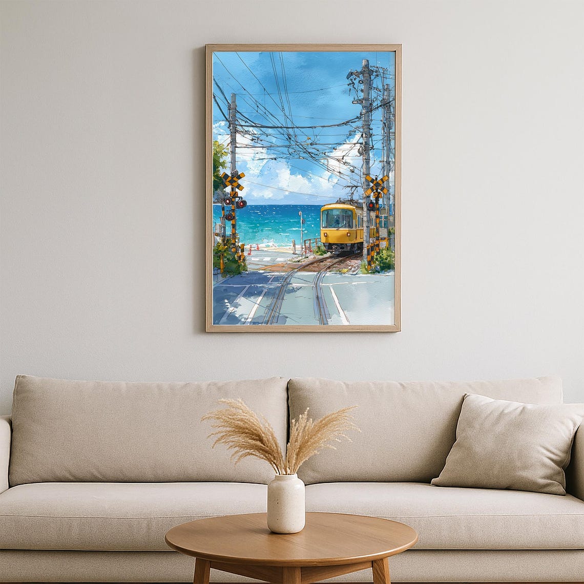 Japanese Seaside Train Crossing Ocean Anime Watercolor Art Poster - Image 2