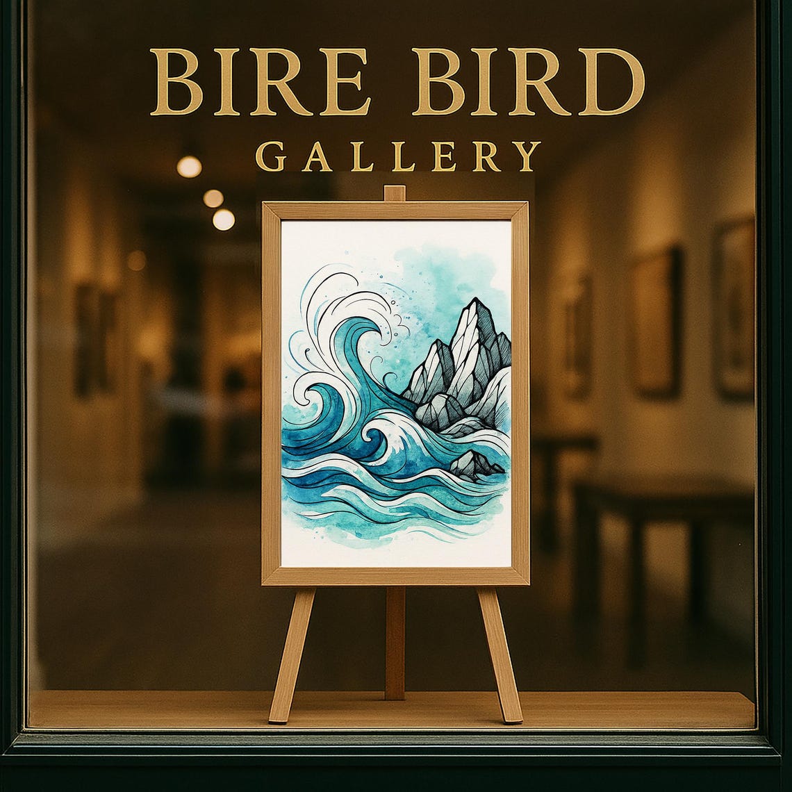 Ocean Wave Watercolor Big Blue Curl Rocky Coastline Art Poster - Image 5