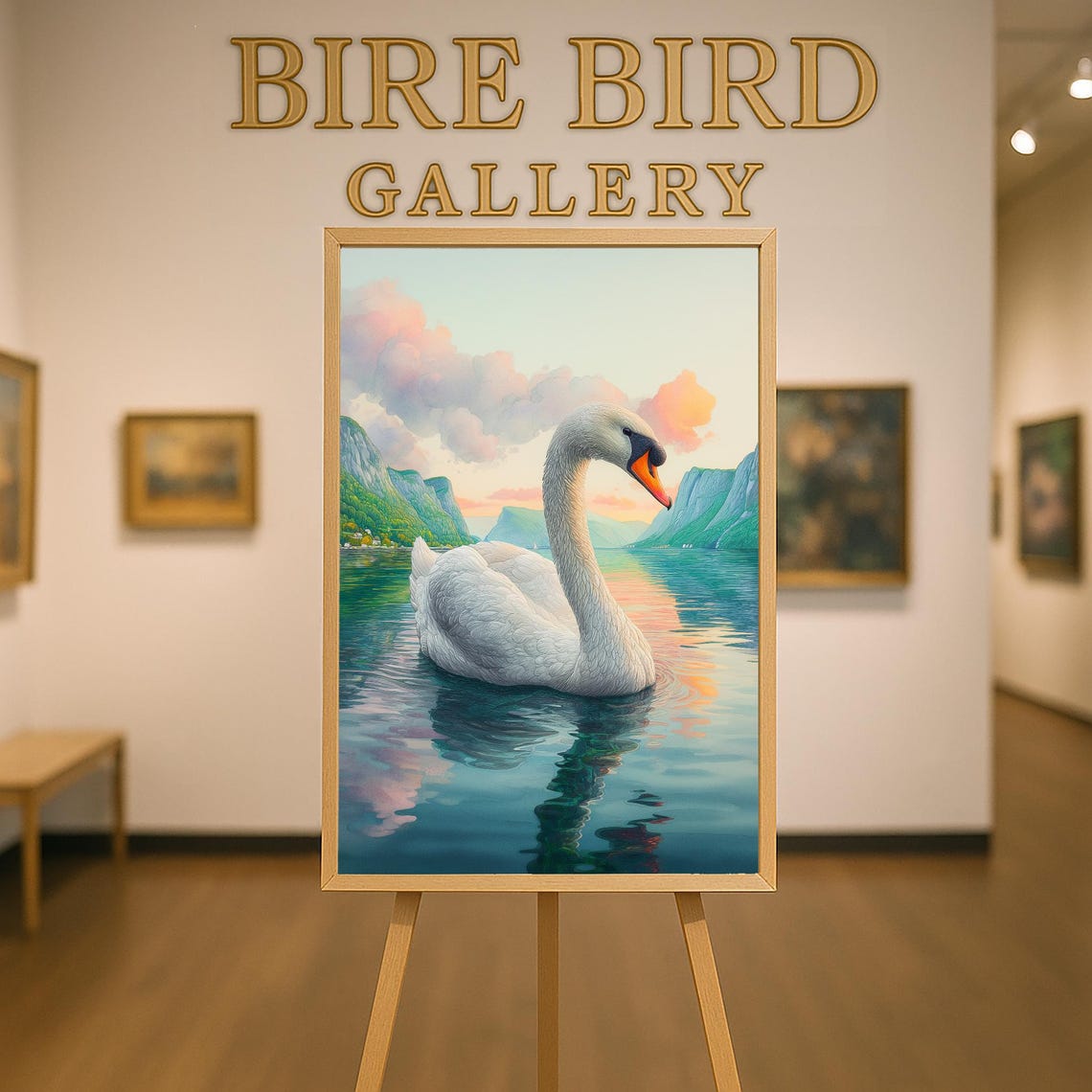 Elegant White Swan At Sunset Lake With Green Cliffs Watercolor Poster