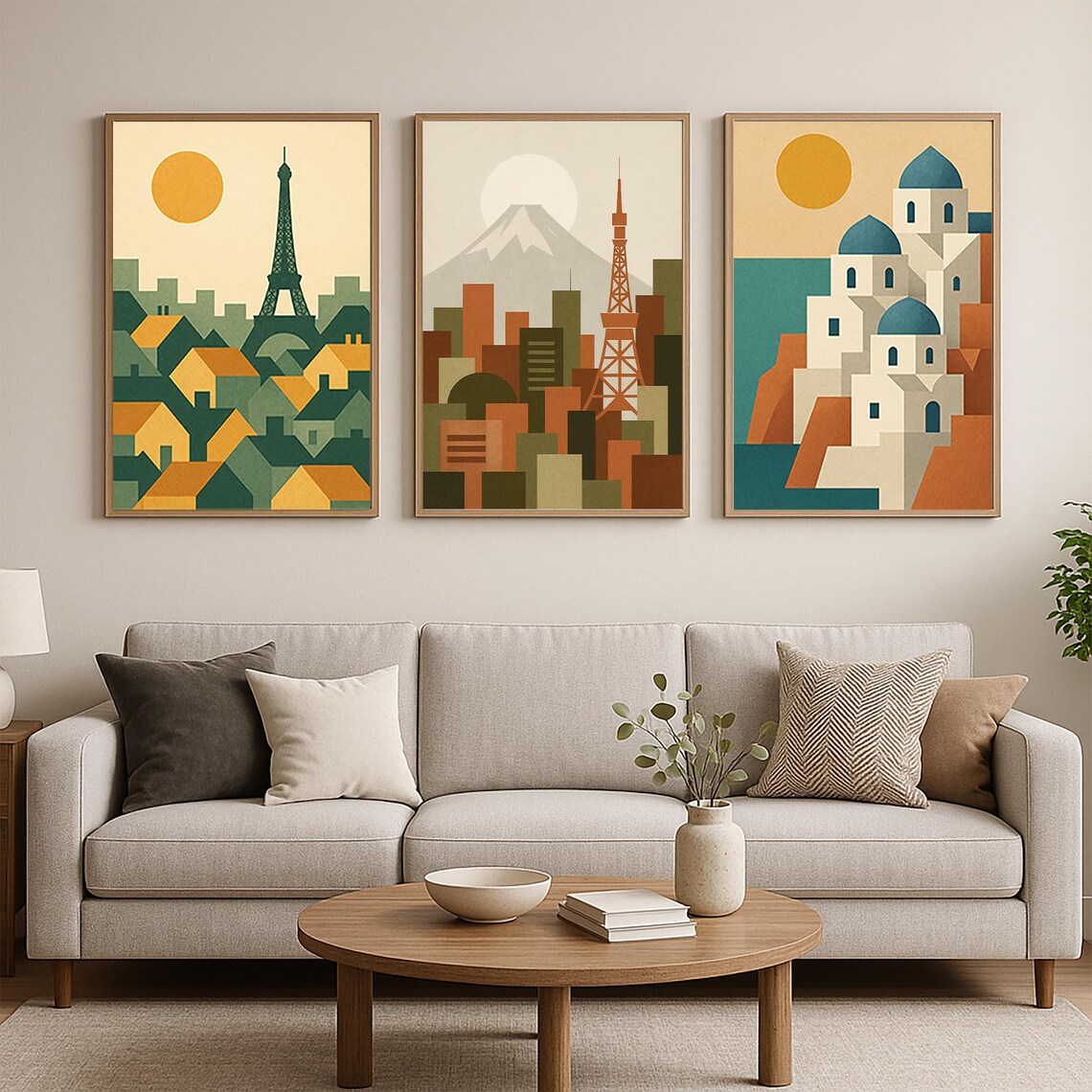 Geometric Paris Tokyo And Santorini Travel Poster Set Of Three