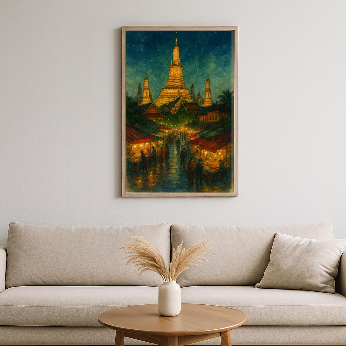 Bangkok Wat Arun Night Market Glowing Temple Watercolor Poster - Image 2
