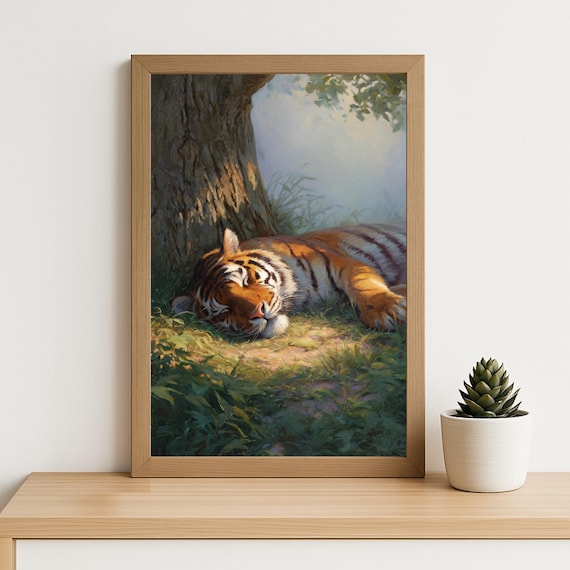 Sleeping Tiger Oil Painting Print Peaceful Wildlife Wall Art Tranquil Jungle Animal Decor Realistic Nature Artwork