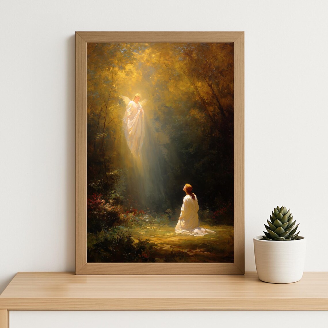 Angel Appearing To Mary In Golden Forest Classic Biblical Art Poster
