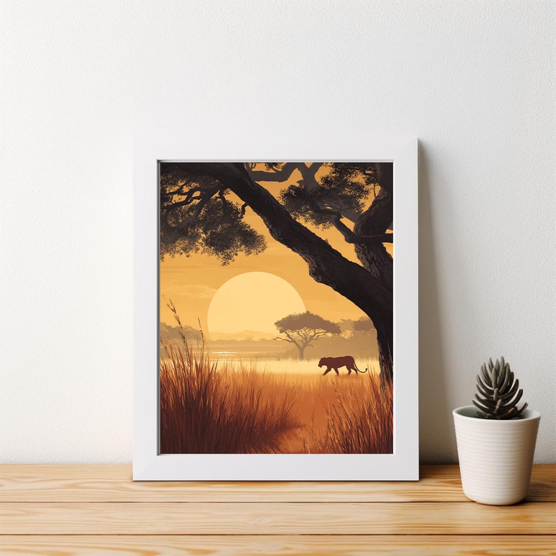 African Savannah Sunset Wild Cat Silhouette Landscape Poster - Image 3