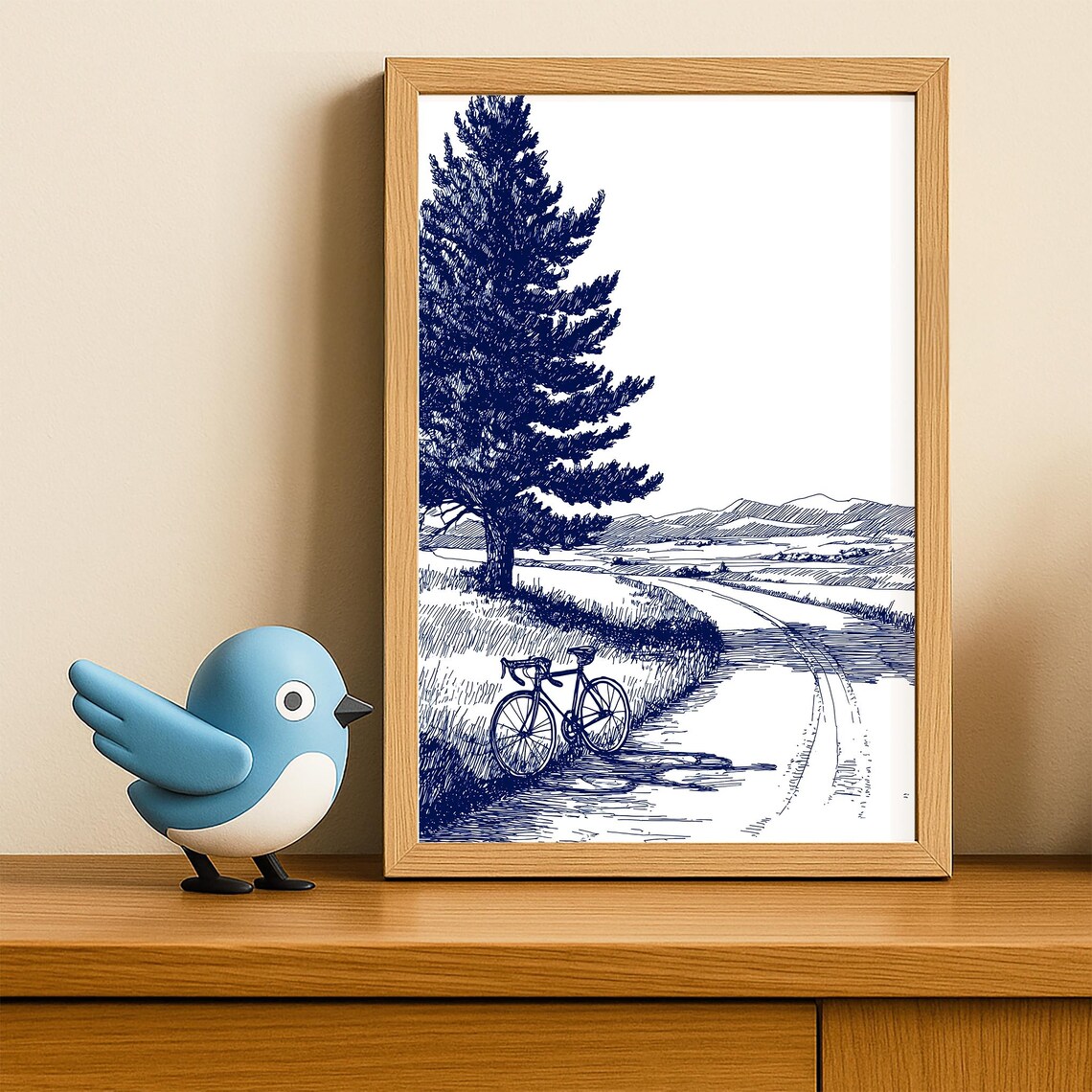 Blue Ink Bicycle Winding Country Road Tall Pine Sketch Poster - Image 4