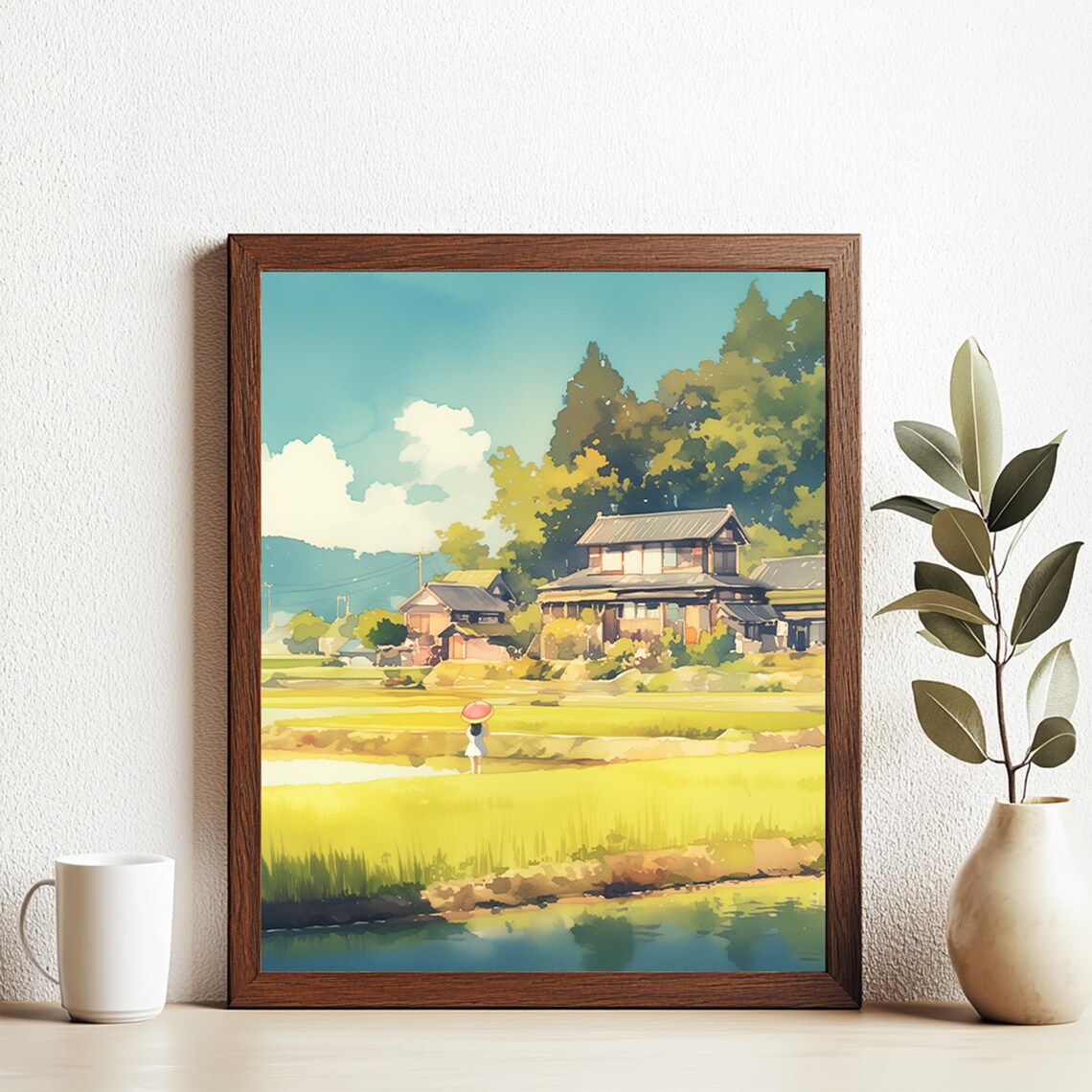 Japanese Countryside Rice Fields Farmhouse Watercolor Art Poster
