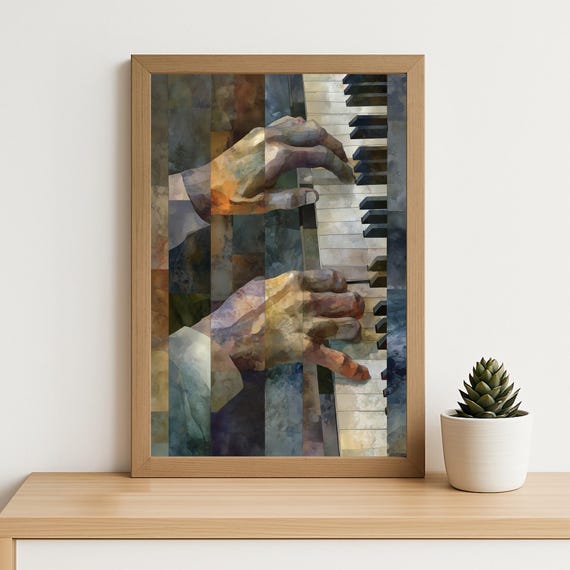 Cubist Pianist Playing Hands Art Print Abstract Piano Music Wall In Warm Tones For Musician Studio Jazz Room Or Modern Home Decor