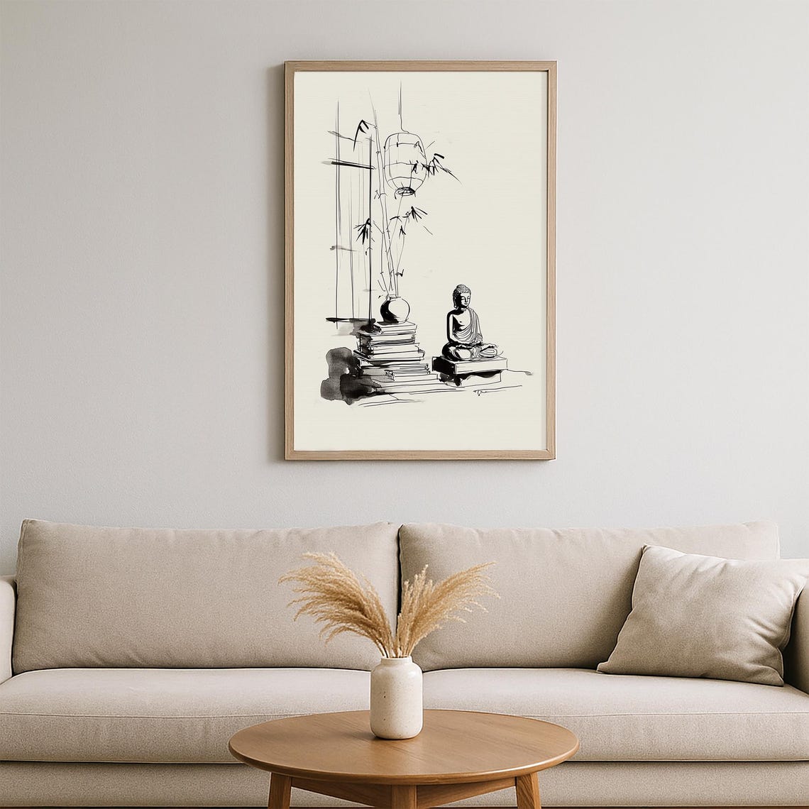 Buddha Ink Drawing Lantern Bamboo Zen Calm Meditation Art Poster - Image 2