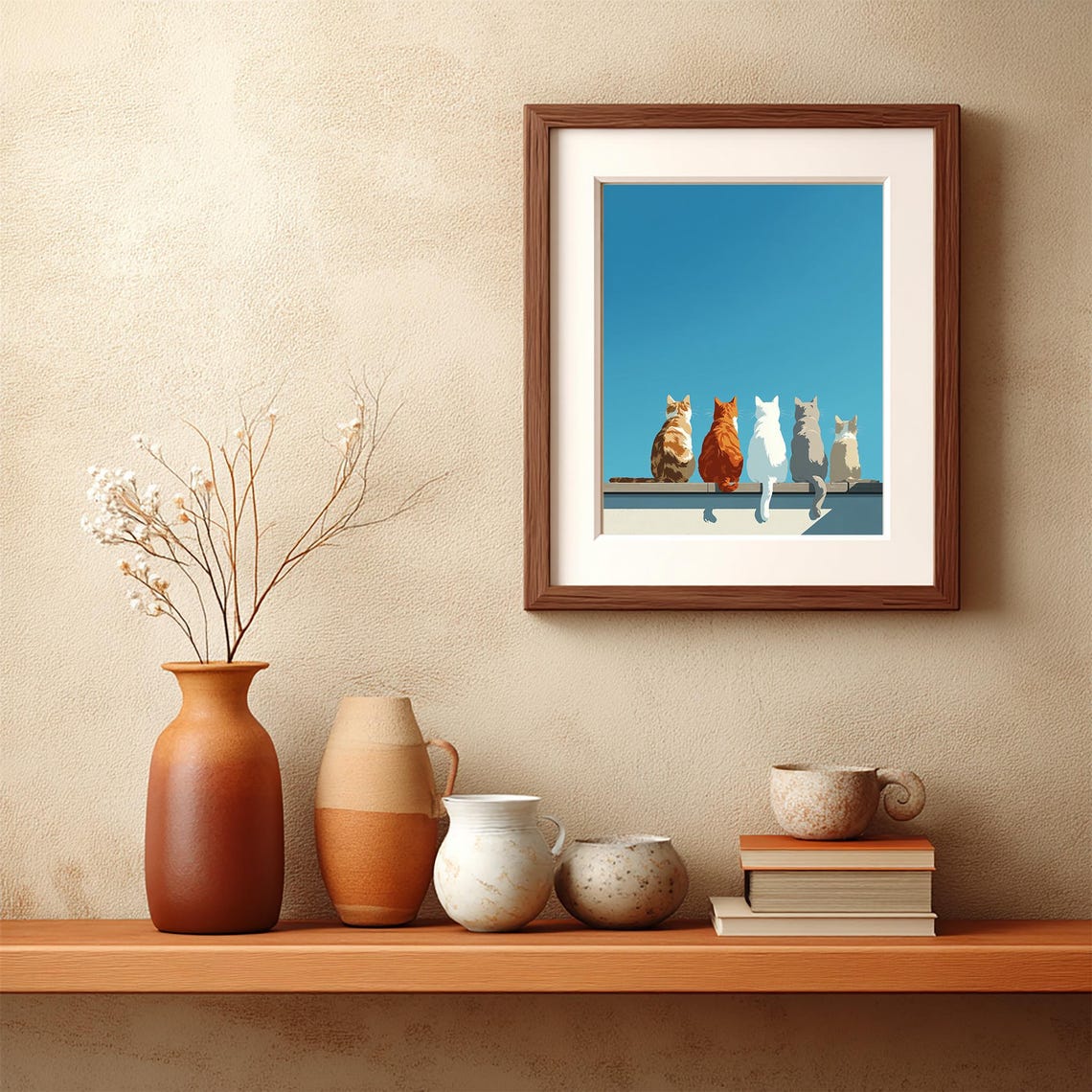 Minimalist Five Cats on a Wall Blue Sky Modern Cat Lovers Poster - Image 2
