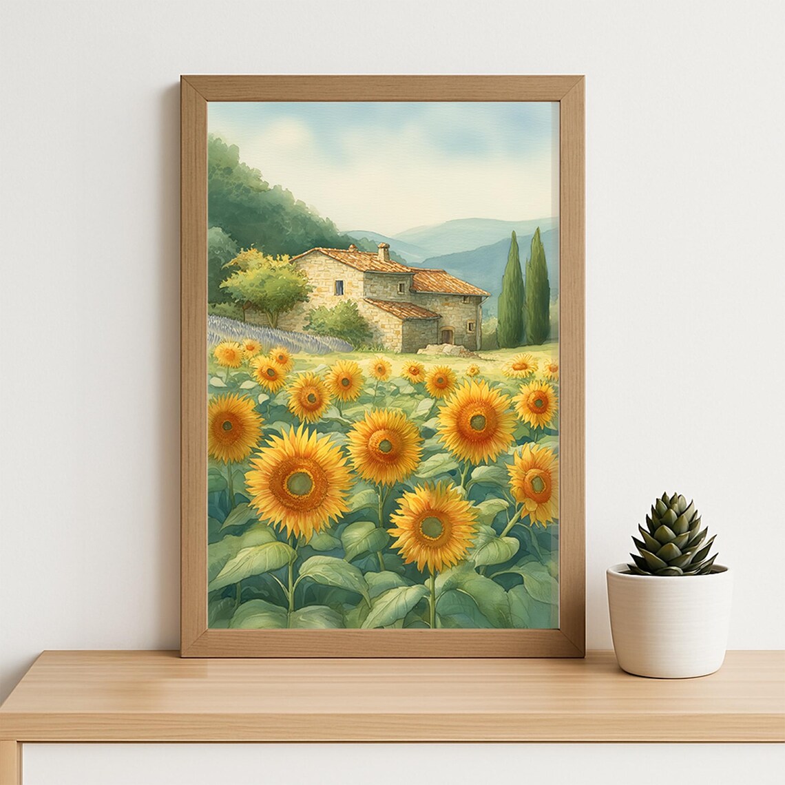 Sunflower Field With Rustic Stone Farmhouse Country Watercolor Poster - Image 2