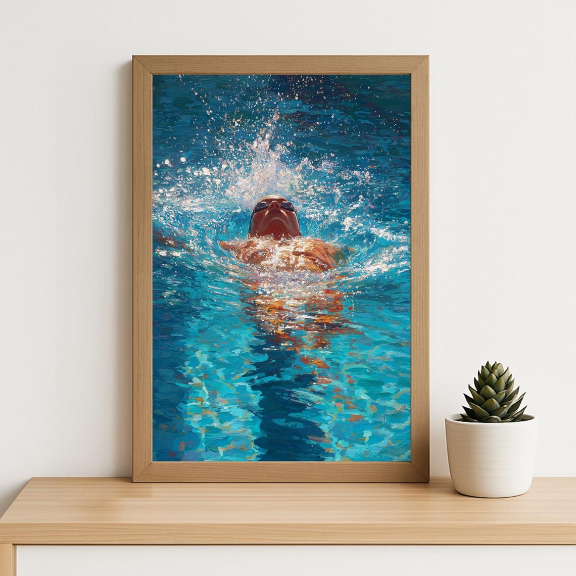 Swimmer Floating in Blue Pool Water Impressionist Painting Poster
