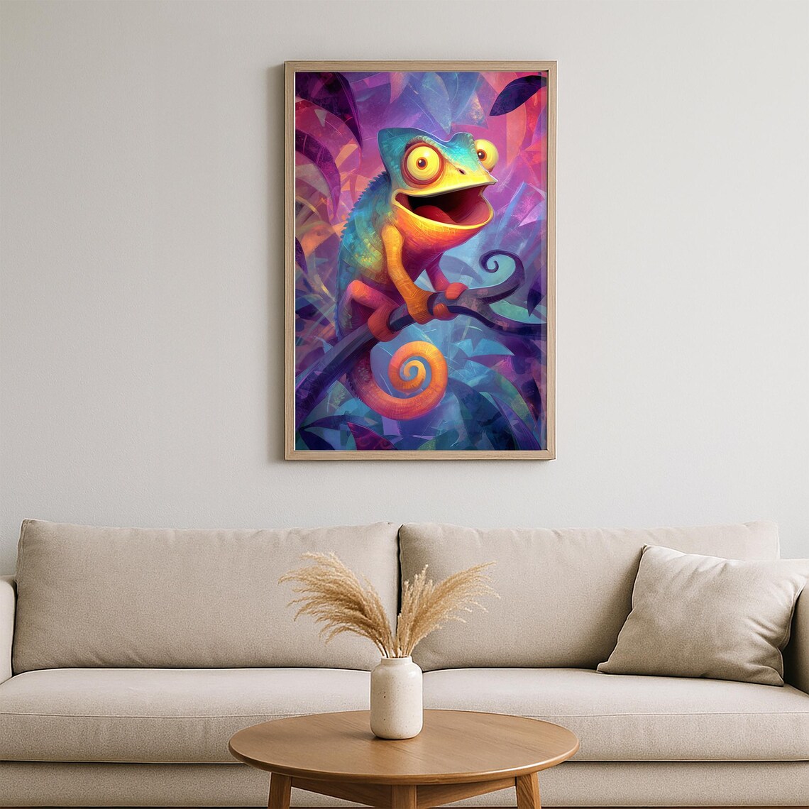 Playful Smiling Chameleon Neon Jungle Cartoon Animal Art Poster - Image 2