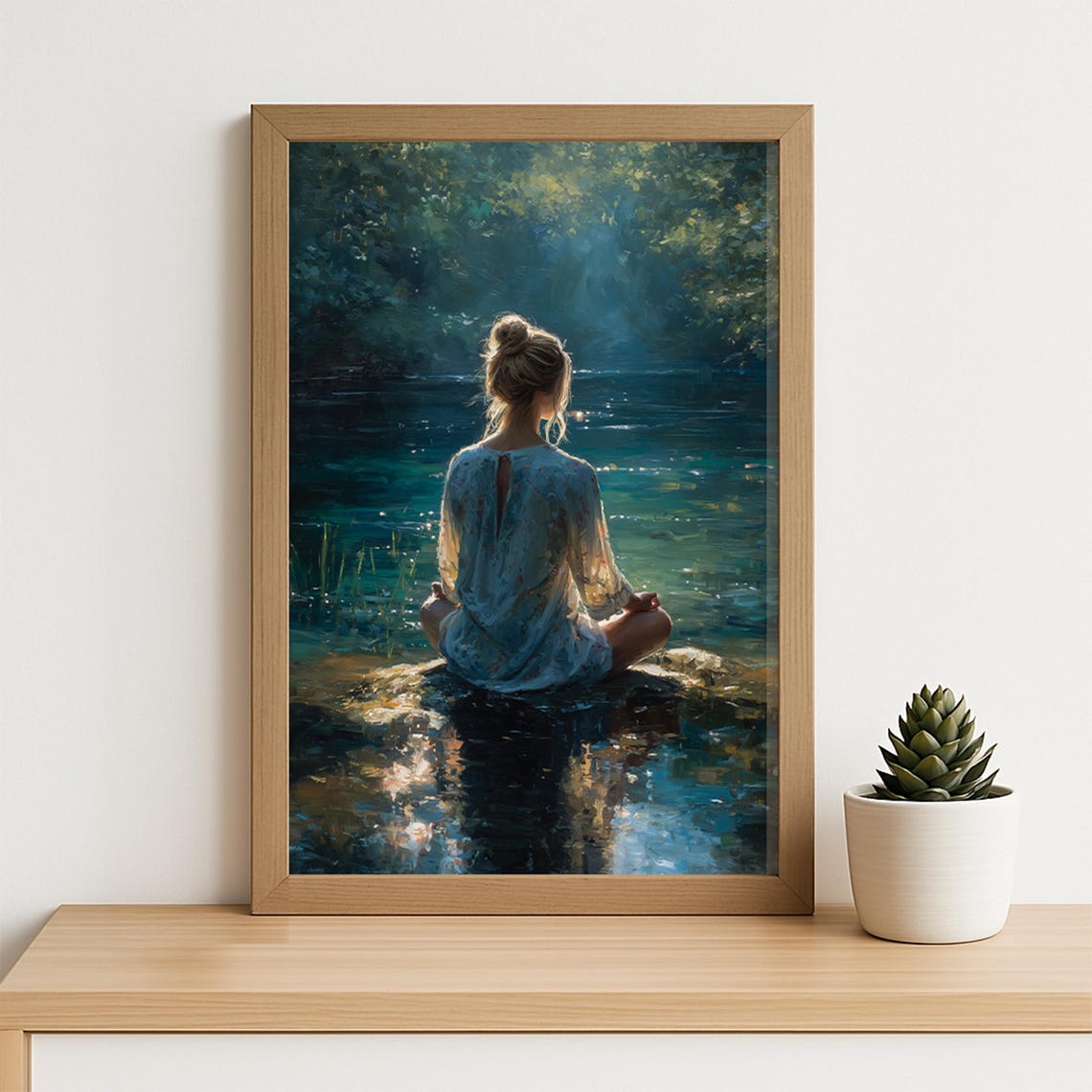 Woman Meditating by Glowing Lake Impressionist Calm Art Poster