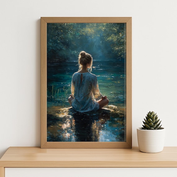 Meditation Forest Art Print Peaceful Woman By Water Zen Landscape Wall Mindfulness Poster For Calm Boho Home Decor