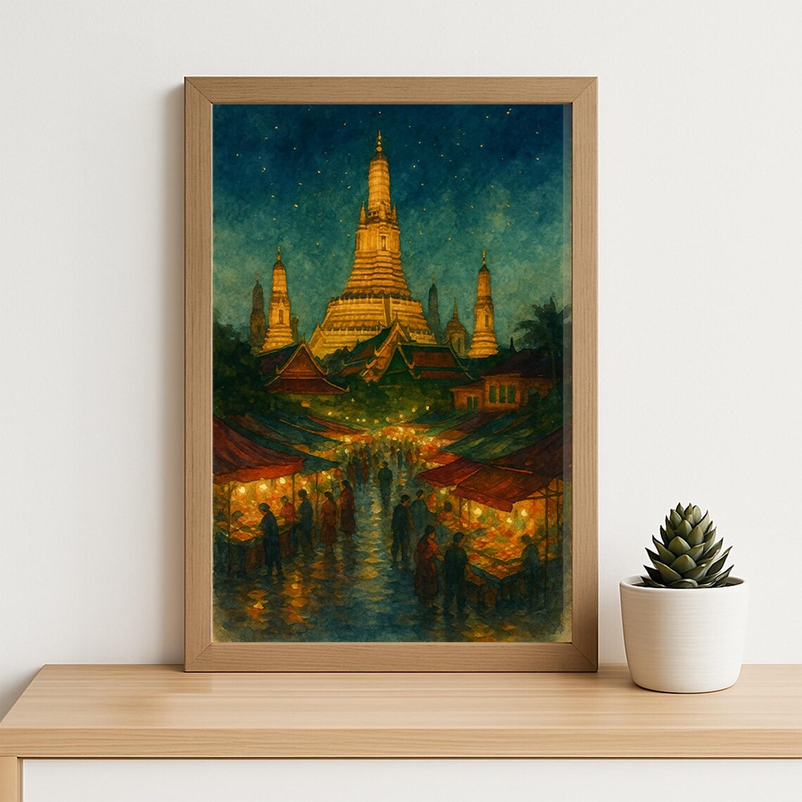 Bangkok Wat Arun Night Market Glowing Temple Watercolor Poster
