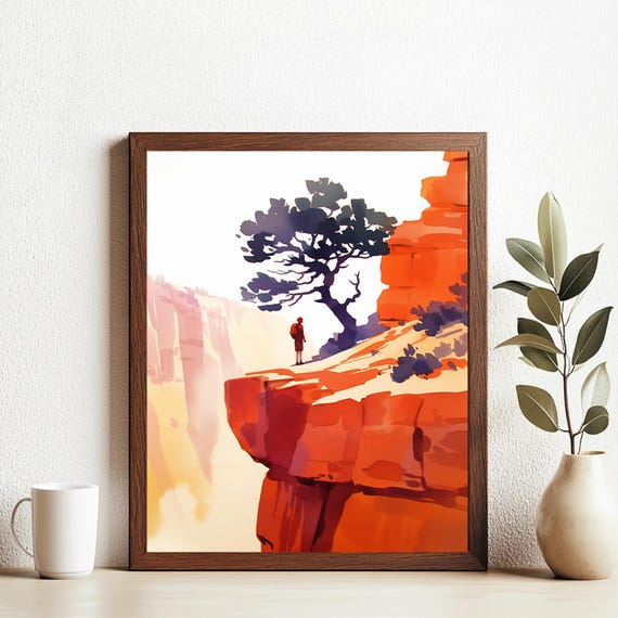 Watercolor Traveler In Great Canyon Landscape Scenery Art Print Wall Deco
