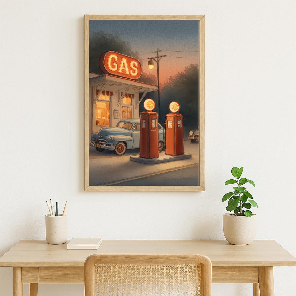 Vintage Gas Station At Dusk With Neon Sign Classic Car Retro Poster - Image 3