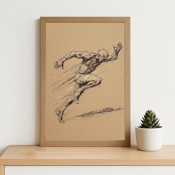 Sprinter Dynamic Sketch Drawing Print Speed And Motion Athletic Line Art On Kraft Paper Style For Sports Motivation Wall Decor