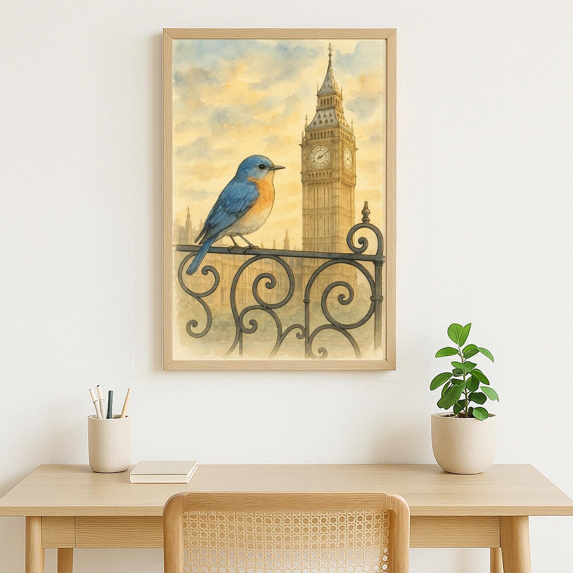 London Bluebird Big Ben Clock Tower Watercolor Bird Painting Poster - Image 3