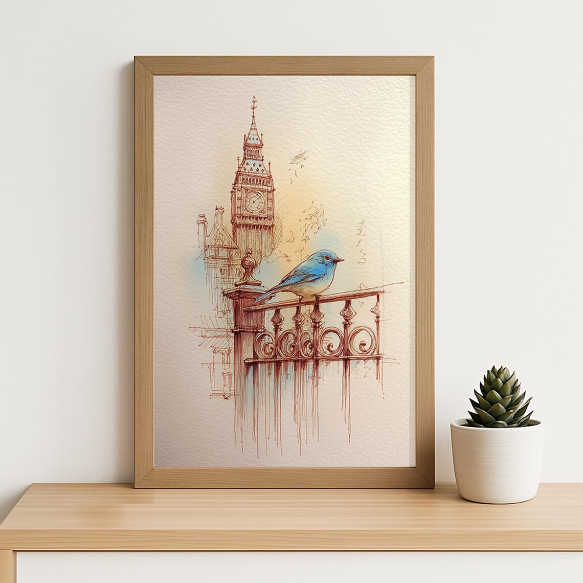 Bluebird on Balcony Big Ben London Ink Sketch Watercolor Wall Art - Image 4