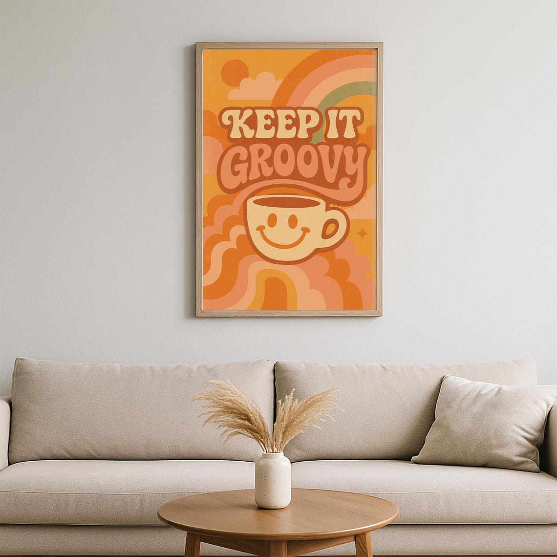 Keep It Groovy Retro 70s Smiley Coffee Cup Rainbow Clouds Poster - Image 4