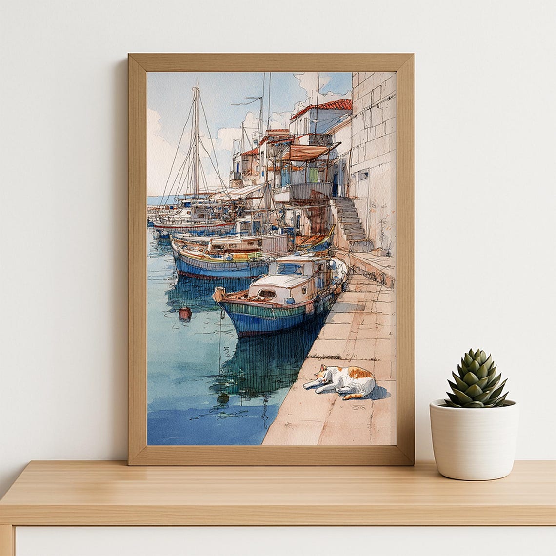 Mediterranean Harbor Watercolor Art Print Sleepy Cat By Boats Greek Island Fishing Port Wall Decor Summer Coastal Travel Illustration