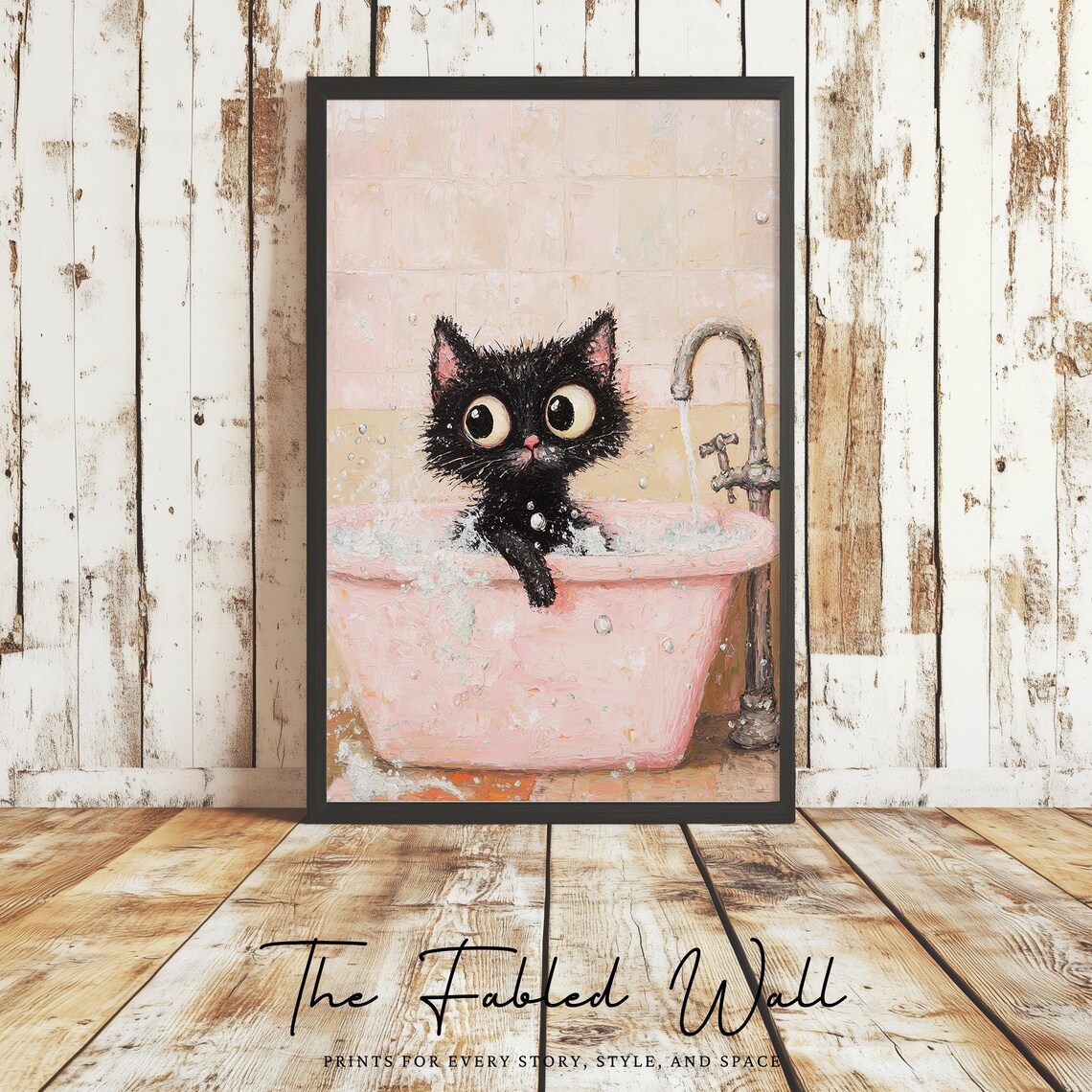 Bubble Trouble Cat Art, Whimsical Bath Decor - Image 3