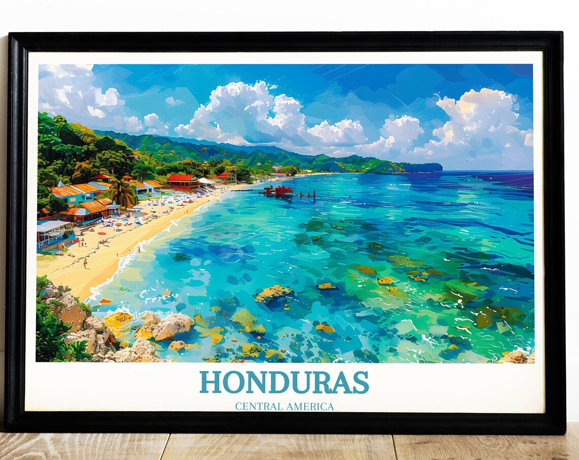 Honduras Central America Turquoise Bay Beach Travel Poster Scene