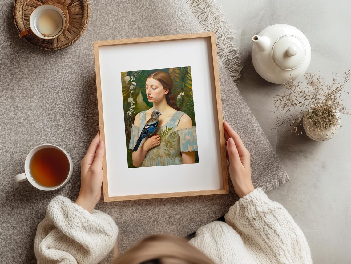 Woman With Blue Bird Fern Botanical Fine Art Portrait Poster - Image 3