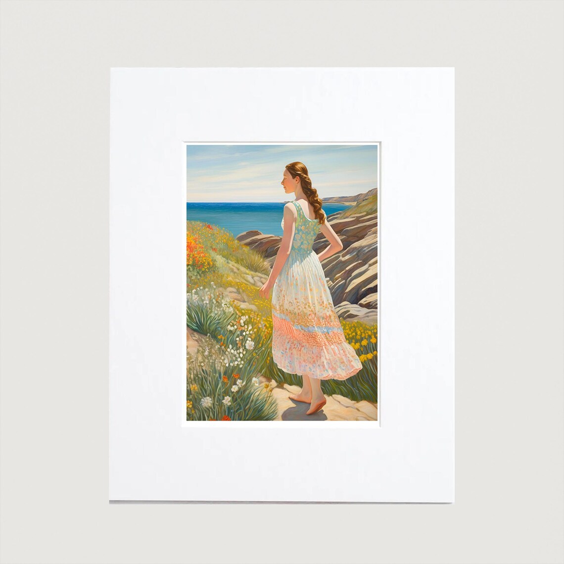 Woman On Rocky Coast Wildflowers Blue Sea Scenic Coastal Art Poster - Image 2