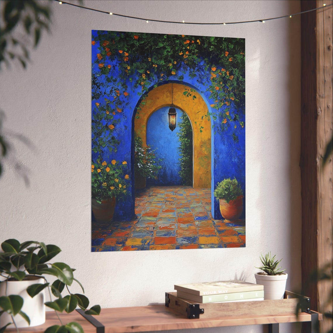 Moroccan Blue Archway Courtyard Lantern Oil Painting Style Print - Image 4