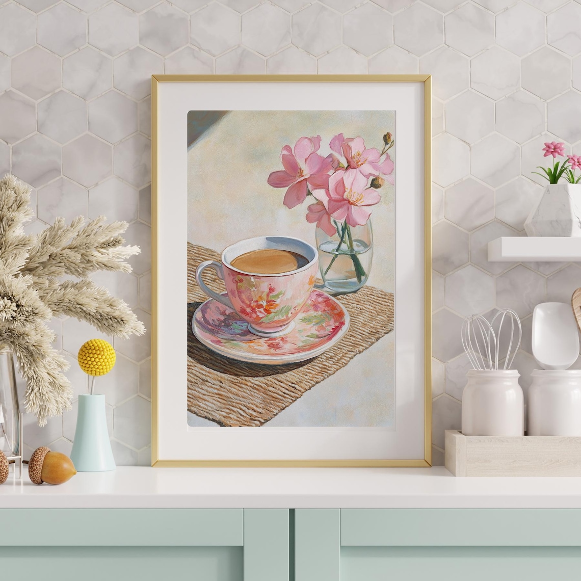 Pink Floral Teacup Blossoms Sunlit Woven Mat Painting Poster - Image 4
