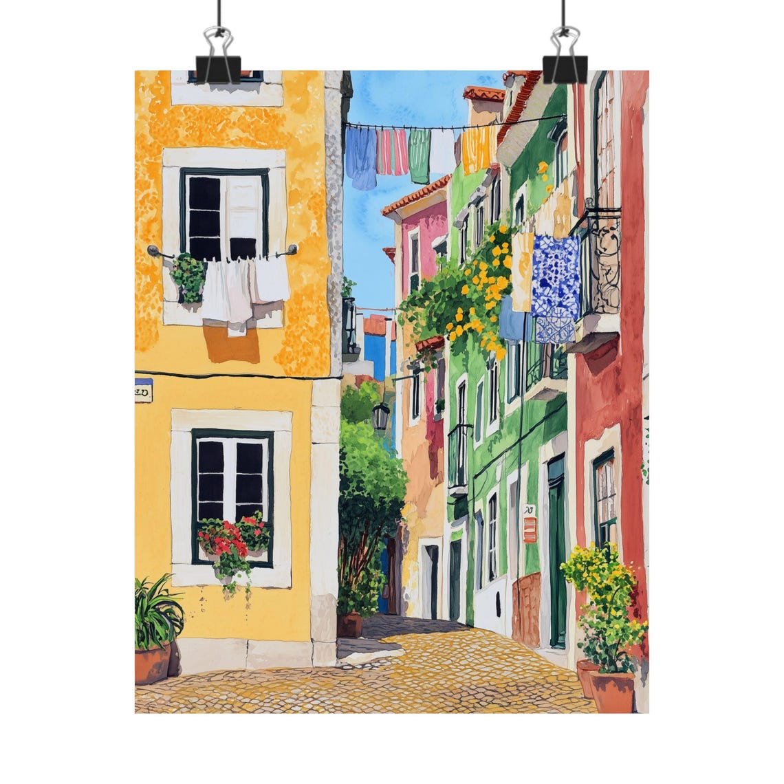 Alfama Lisbon Cobblestone Street with Hanging Laundry Lines Poster