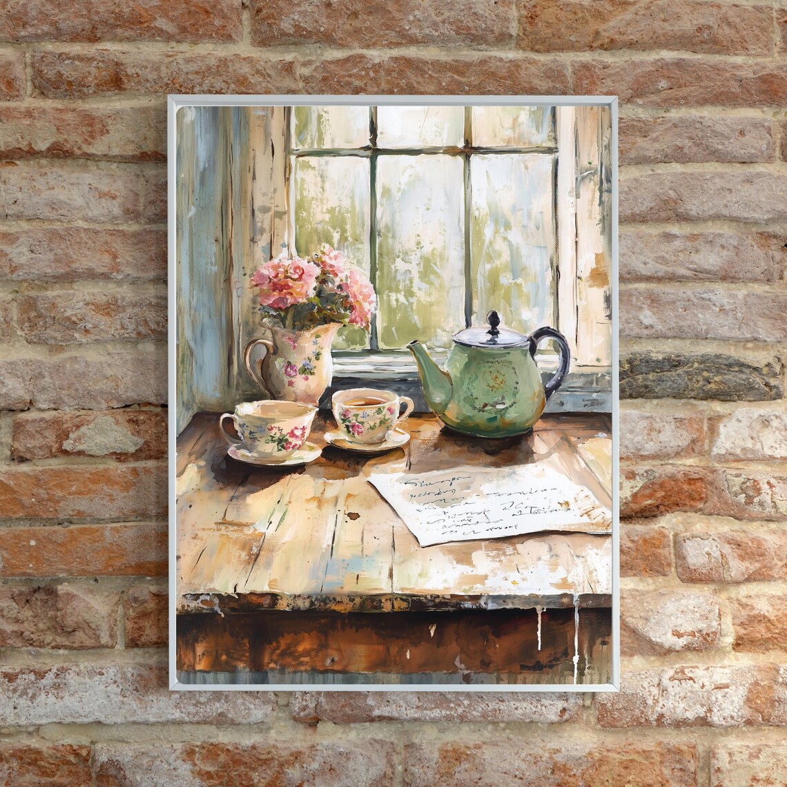 Vintage Tea Set by Window Floral Teapot Cottage Still Life Poster - Image 6