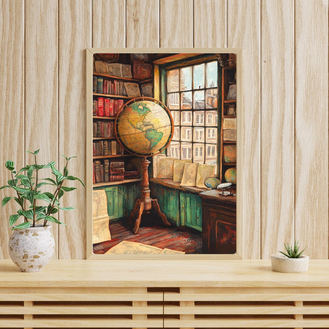 Antique Map Shop Study with Vintage Globe and Bookshelves Print - Image 4