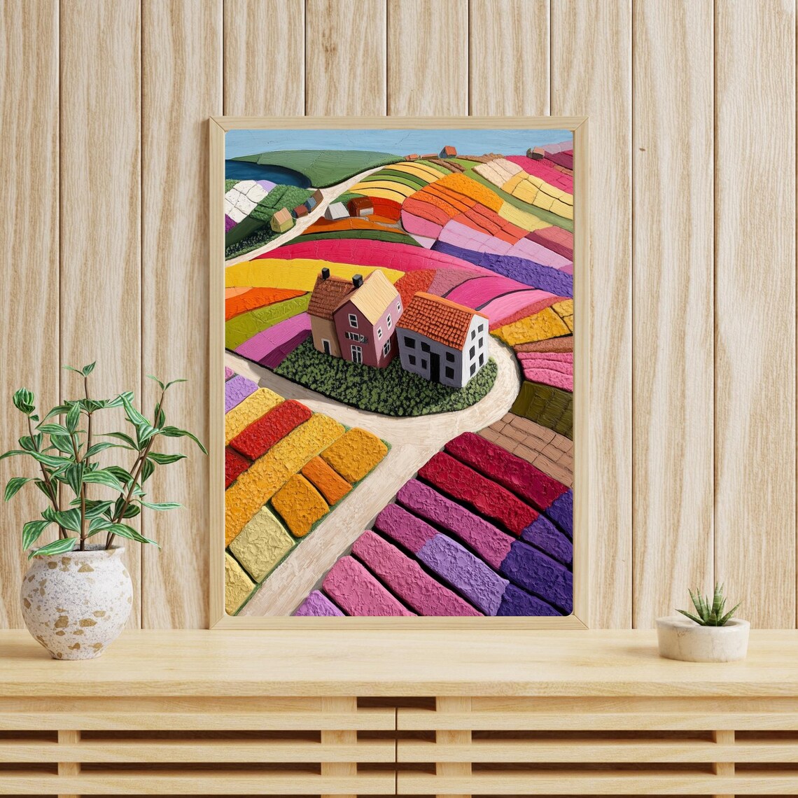 Whimsical Striped Tulip Fields with Farmhouses from Above Poster - Image 4