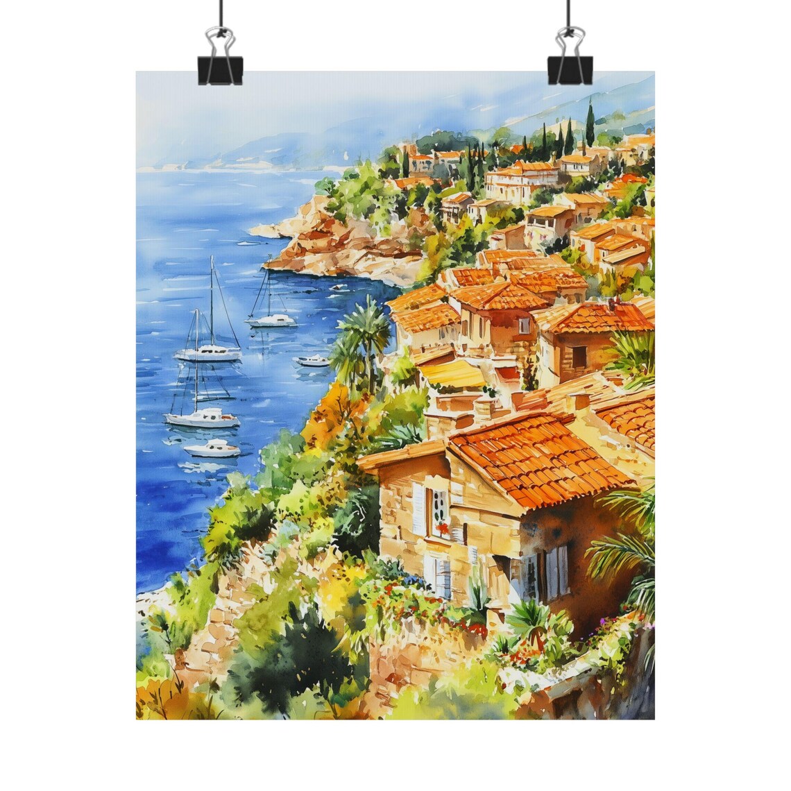 French Riviera Coastal Village with Sailboats Watercolor Poster