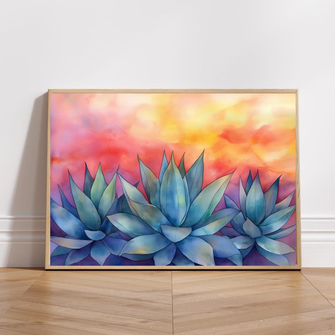 Three Agaves Soft Pink Sunset Watercolor Botanical Desert Poster - Image 4