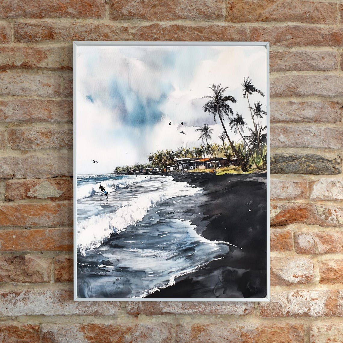 Surfer Riding Waves on a Moody Black Sand Tropical Beach Poster - Image 6