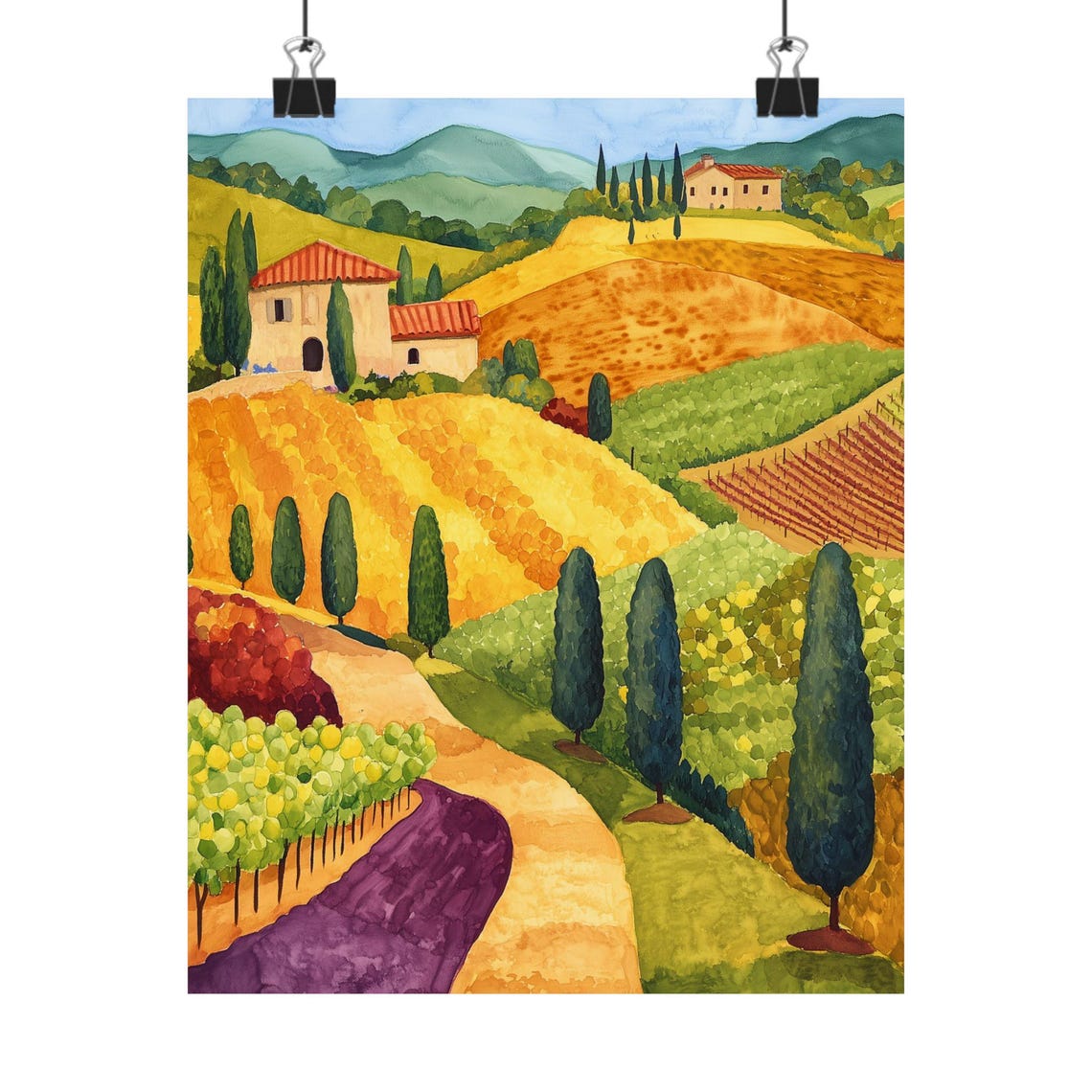 Tuscan Vineyard Rolling Hills Cypress Golden Landscape Poster